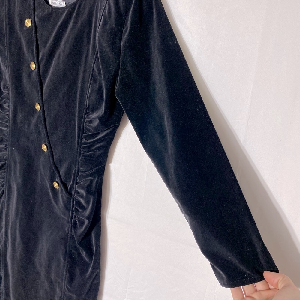 Vintage Encore Black Velvet Long Sleeve Bodycon Mini Dress With Shoulder Pads M - Picture 14 of 16